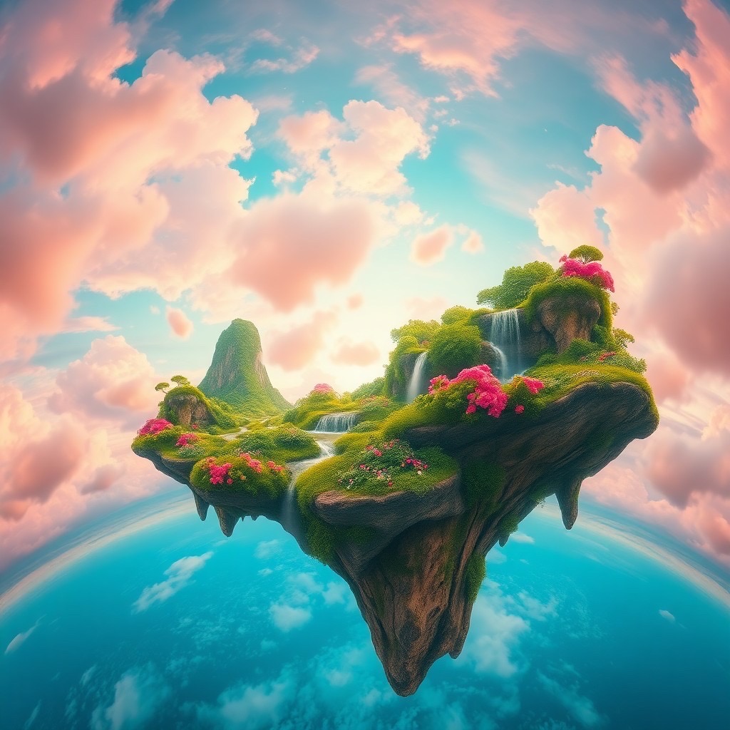 Prompt: a surreal scene featuring floating islands within an anamorphic illusion, set against a vibrant sky filled with soft, pastel clouds. the islands are lush and verdant, adorned with vivid flowers and cascading waterfalls. the illusion creates a mesmerizing distortion, adding a sense of depth and wonder. lighting is ethereal, with a warm glow that enhances the dreamlike atmosphere. camera shot: wide-angle lens (24mm), low angle view. style: whimsical and surreal, reminiscent of salvador dali. - Seed: 501202112, Scale: 7.0, Steps: 40