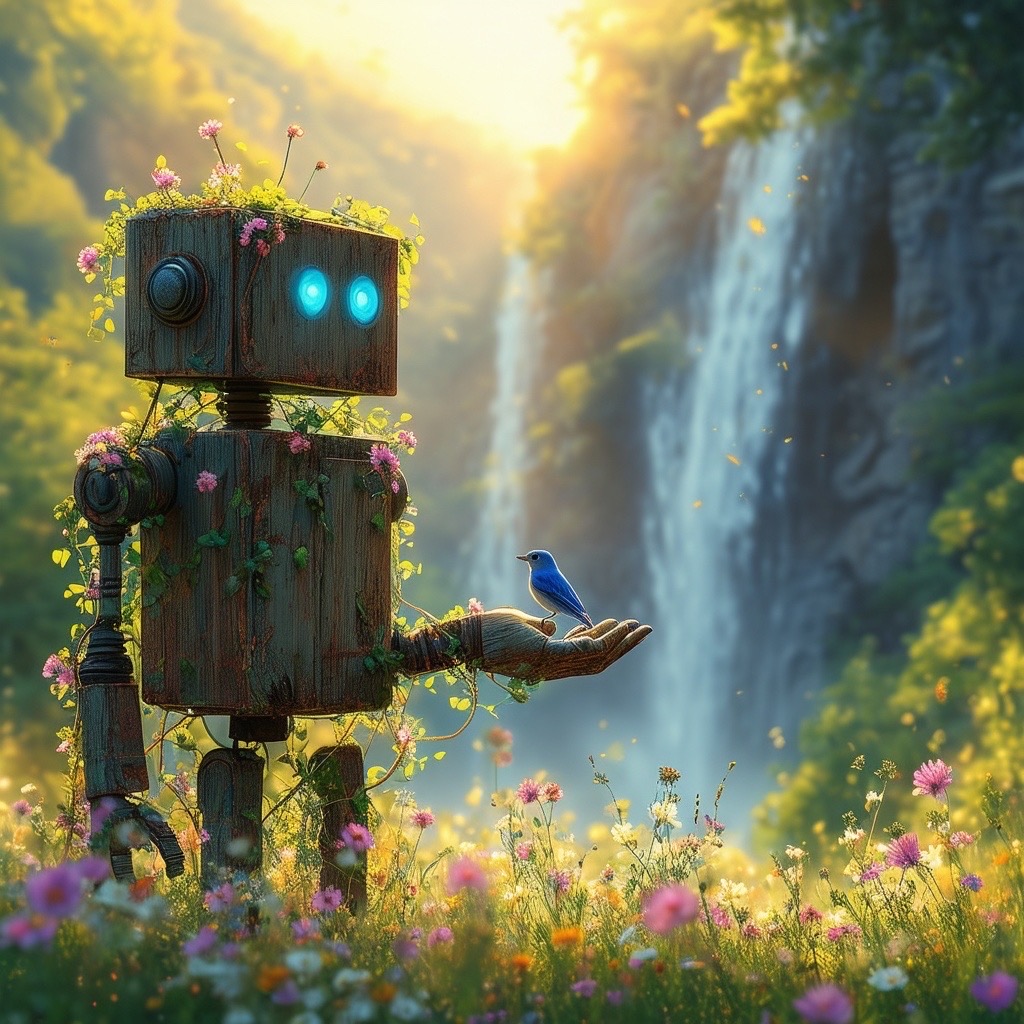 Prompt: a weathered, wooden mech robot standing peacefully in a field of tall wildflowers, covered in flowering vines. a small bluebird rests on its outstretched hand, adding a touch of tranquility to the scene. the background features a large cliff with a cascading waterfall, enhancing the natural beauty (warm colors:1.4). style: digital cartoon, utilizing soft lines and vibrant colors to create a magical atmosphere. - Seed: 347888786, Scale: 7.0, Steps: 40