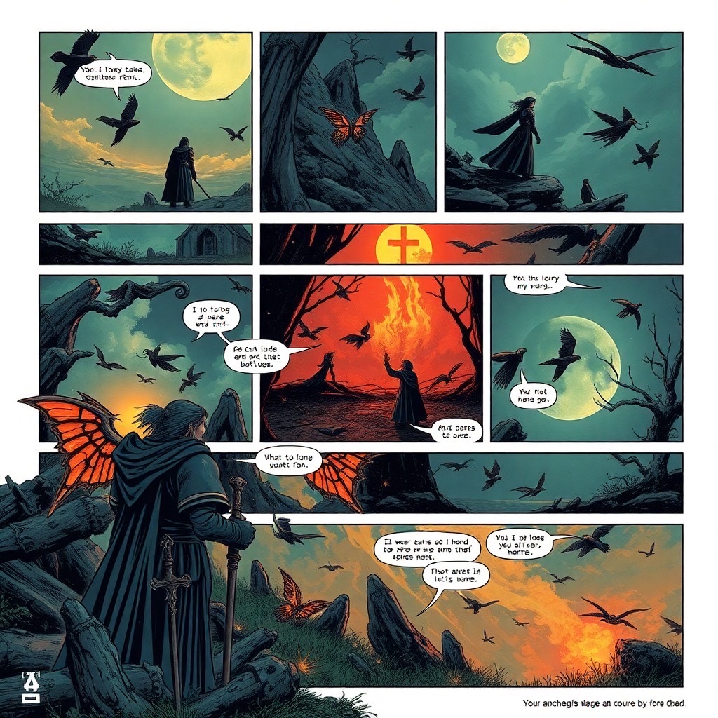 Prompt: A photorealistic comic style page telling the story in several dramatic scenes of Final Fantasy 7 with multiple narratives, in the style of romantic comics, vibrant patterns, bucolic scenes, graffiti-inspired illustrations, romantic conception, each scene flowing into the next with interconnected frames that reveal a story of valor and introspection. Surrounded by mystical creatures and symbolic objects--all seamlessly integrated into the surroundings, enhancing the sense of a timeless quest. Rendered in the style of photorealistic romantic graphic novels, with a muted, sophisticated color palette punctuated by strategic splashes of vibrant color. Inspired by French avant-garde, the imagery possesses a dreamlike, mystical quality, with delicate, intricate linework that blurs fantasy and reality, capturing the essence of romance and adventure. - Seed: 860289829, Scale: 7.0, Steps: 40