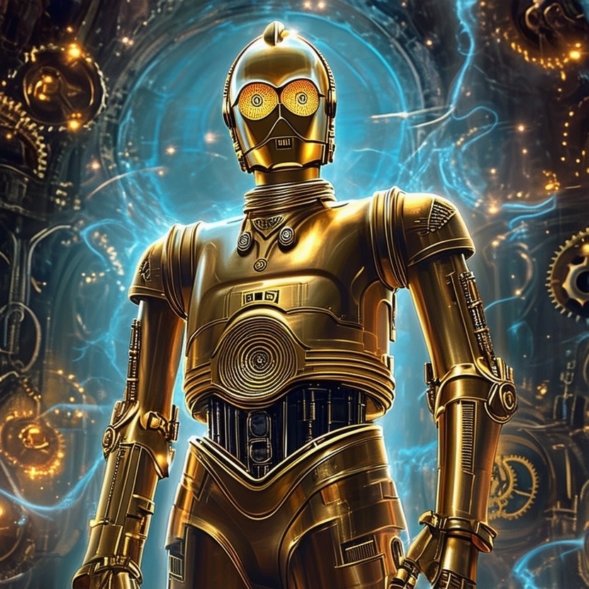 Prompt: a cinematic scene of C-3P0 depicted in a steampunk-inspired medieval world, surrounded by a backdrop of glowing gears and swirling magical energy, creating an atmosphere filled with wonder and ingenuity. the setting features warm bronze tones complemented by soft blue highlights that illuminate the intricate details of optimus prime's design. camera shot: close-up emphasizing his heroic stature, using a 50mm lens for a dramatic effect. style: majestic, intricate, and radiant (warm bronze:1.3), (soft blue:1.2), merging technology with a fantastical realm. - Seed: 404572756, Scale: 7.0, Steps: 40