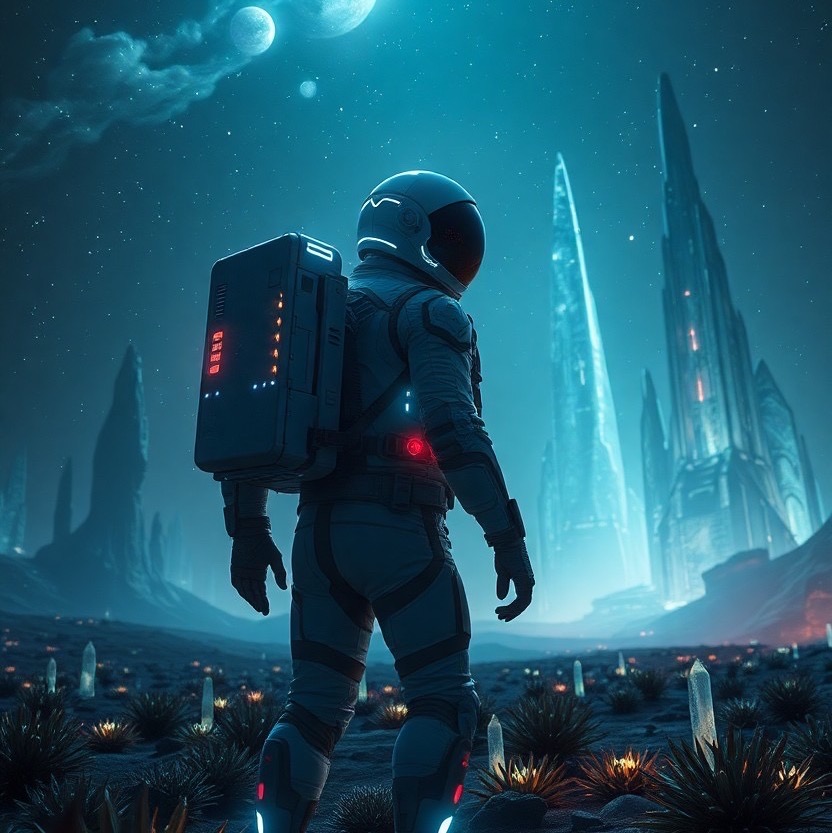 Prompt: a sci-fi futuristic astronaut exploring a vast, alien landscape: the astronaut's sleek, high-tech suit is equipped with glowing elements and a transparent helmet showcasing advanced technology. the environment features bioluminescent plants and towering, crystalline structures under a dark, starry sky with a glowing nebula. lighting is dramatic, casting deep shadows and luminous highlights. camera shot is a wide-angle panorama with a 24mm lens, emphasizing the otherworldly setting. style: vivid and cinematic (dramatic lighting:1.3), (hyper-realistic:1.2). - Seed: 778269779, Scale: 7.0, Steps: 40