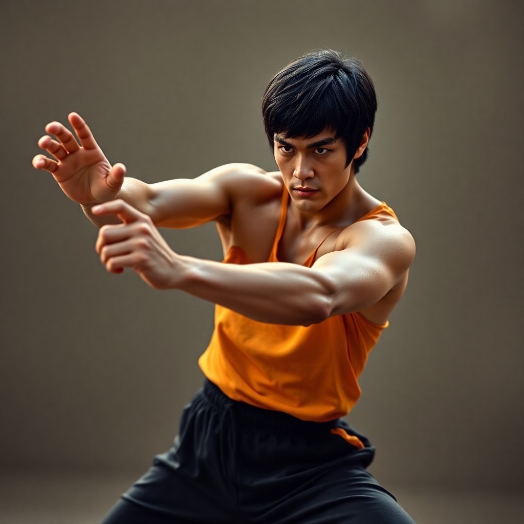 Prompt: Visualize a 25 year old Bruce Lee in action, in a hyperrealistic style capturing the intensity of his moves, high-resolution, cinematic | negative prompt: Ugly hands - Seed: 955189909, Scale: 5.96, Steps: 40