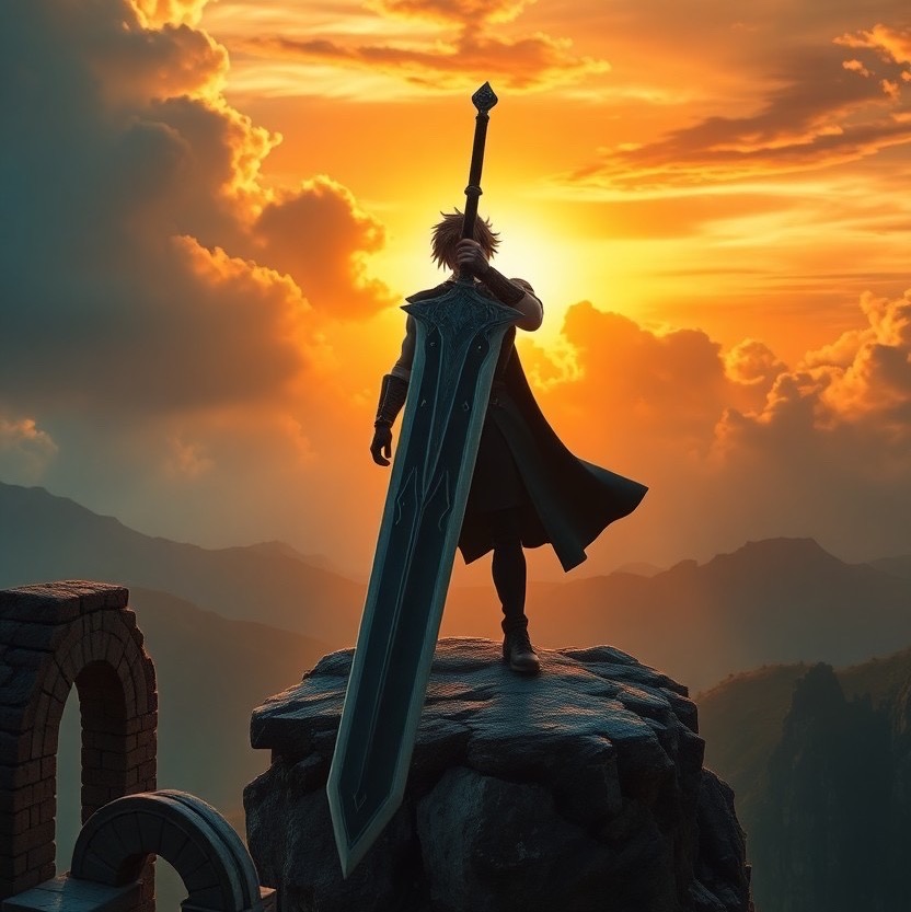 Prompt: cloud strife, wielding his enormous buster sword, standing atop a cliff with a dramatic sunset behind him, clouds swirling ominously in the sky. the scene captures a fantasy landscape with ruins in the foreground, illuminated by warm light. camera shot: panoramic view, using a 24mm lens to encompass the majestic landscape. style: epic and cinematic, emphasizing heroism and strength (epic:1.5), (dramatic lighting:1.3), (fantasy elements:1.2). - Seed: 984222214, Scale: 7.0, Steps: 40