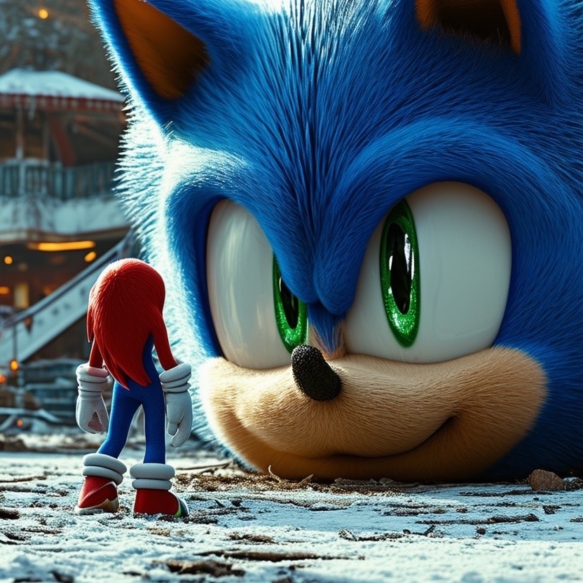 Prompt: a film still capturing a photorealistic, epic scene of an abandoned theme park enveloped in a snowy landscape. the gigantic head of sonic the hedgehog lies on the ground, while knuckles stands, gazing at him. the lighting is volumetric, casting soft shadows in the scene. shot in ultra high resolution (8k), with a full body shot of knuckles, surrounded by forgotten rides and decaying structures. style: hyper-realistic, intricate details, melancholic ambiance (photorealistic:1.3), (8k:1.5). - Seed: 892316512, Scale: 7.0, Steps: 40