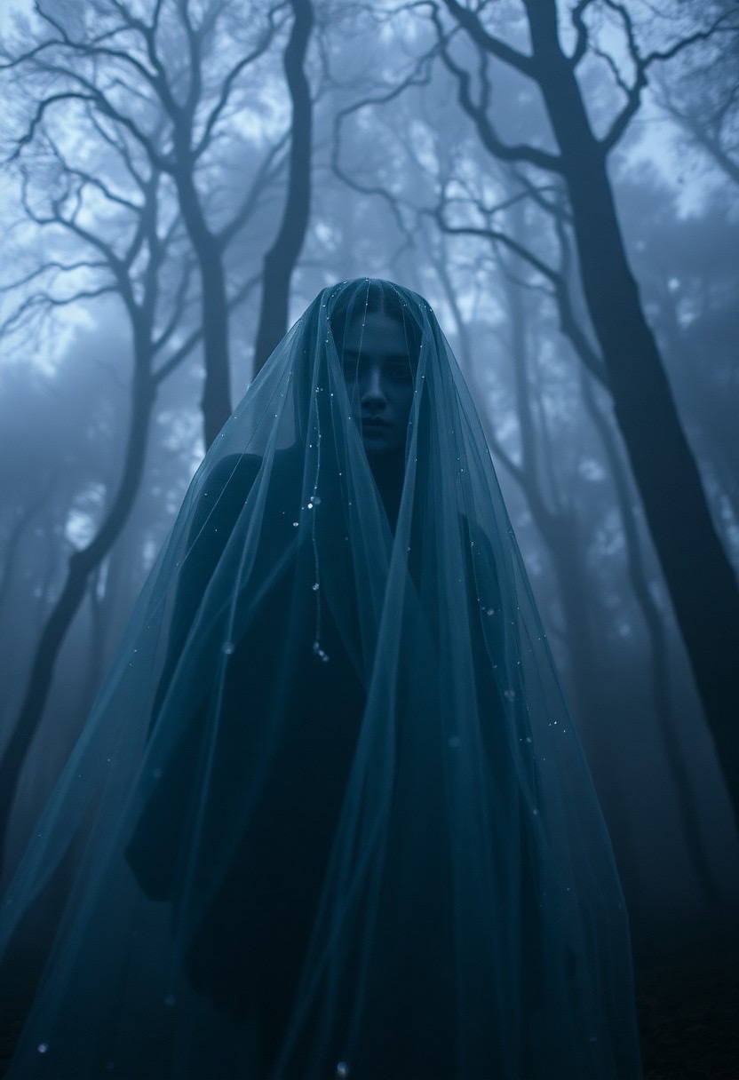 Prompt: morvenith - phantom of the twilight veil: an ethereal figure emerges from an enchanting fog, draped in flowing garments that shimmer like the night sky. the environment is a mystical forest cloaked in twilight, illuminated by soft, ghostly light filtering through ancient trees. shot in close-up, capturing the intricate details of the phantom's expression with a 50mm lens from a low angle. style: mystical, arcane, and radiant (ethereal light:1.3), (mystical forest:1.2), (intricate details:1.5). - Seed: 349038929, Scale: 7.0, Steps: 40