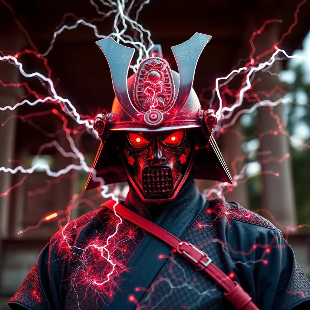 Prompt: a samurai warrior as a fractal electrostatic discharge, with intricate patterns emerging from the interplay of electric forces. the environment is an ethereal outdoor setting with a vibrant color scheme of metallic silver and red, showcasing the dynamic and energetic nature of the composition. camera shot: close-up, lens: 50mm, view: low angle. style: surreal and vibrant (metallic silver:1.3), (energetic:1.4), (intricate patterns:1.2). - Seed: 653538659, Scale: 7.0, Steps: 40