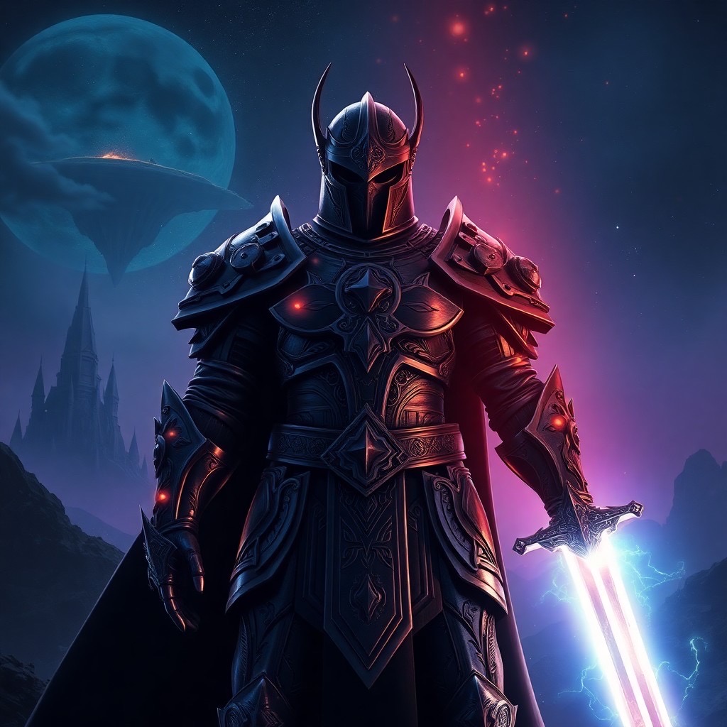 Prompt: an epic dark fantasy scene inspired by genova ai, featuring a powerful armored figure at the center, highlighted by an ethereal glow from a luminescent sword amidst a cosmic horror backdrop. the environment showcases a floating island and distant spires against deep midnight blues and purples, punctuated by brilliant oranges and cosmic whites (luminescent sword:1.3), (ethereal glow:1.3). camera shot: close-up using a 50mm lens at a low angle, emphasizing the grandeur and intricate armor textures. style: mystical realism. - Seed: 573591405, Scale: 7.0, Steps: 40