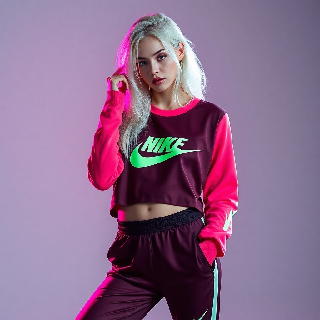 Prompt: fashion editorial, Nike style book, a photo of stunning cool model with white hair, wearing an Nike sports wear, fashion poses, set a gray background, artificial light on the model, dramatic shadow with high contrast, pink with neon green accent, create a cool and fashion atmosphere - Seed: 297486043, Scale: 7.0, Steps: 40