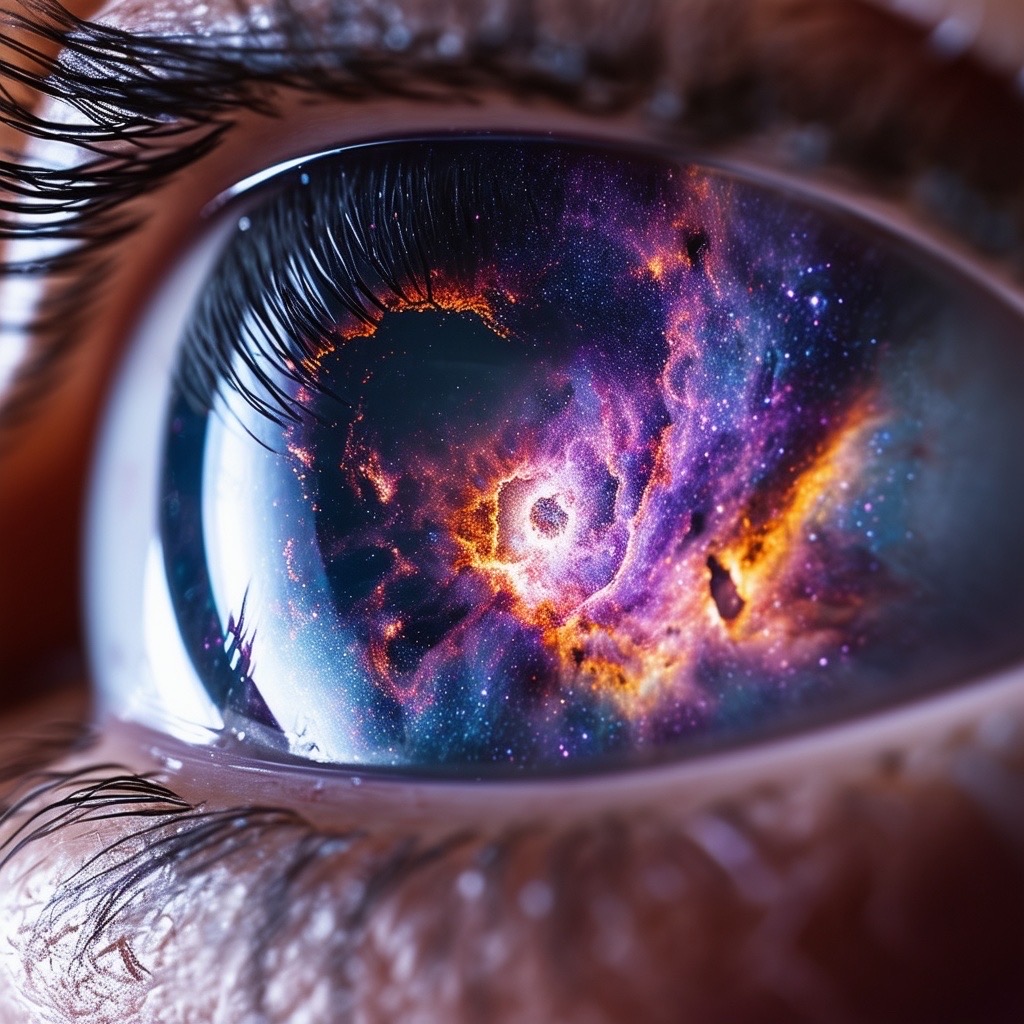 Prompt: a close-up view of a human eye featuring the most beautiful nebula within it, showcasing intricate details and hyper-realistic qualities. the environment is softly lit with a cinematic flair, emphasizing elegance and beauty. shot with a 100mm lens at a high angle to capture the mesmerizing colors and patterns of the nebula. style: vibrant, glamorous, and marvelous, enhanced with color grading techniques (hyper-detailed:1.4), (intricate details:1.3), (elegant:1.2). - Seed: 217317260, Scale: 7.0, Steps: 40