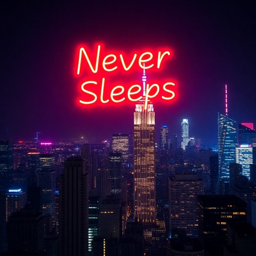 Prompt: Light painting saying Never sleeps, neon colors, New York skyline at night - Seed: 75385614, Scale: 7.0, Steps: 40