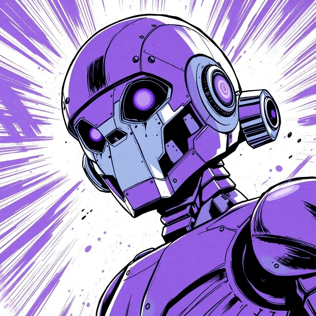 Prompt: A robot rendered in Graphic Novel Expressionism, emphasizing emotional intensity through exaggerated forms. Use bold violet and white with dramatic brush strokes and innovative panel compositions. --ar 3:2 --style raw - Seed: 594864299, Scale: 7.0, Steps: 40
