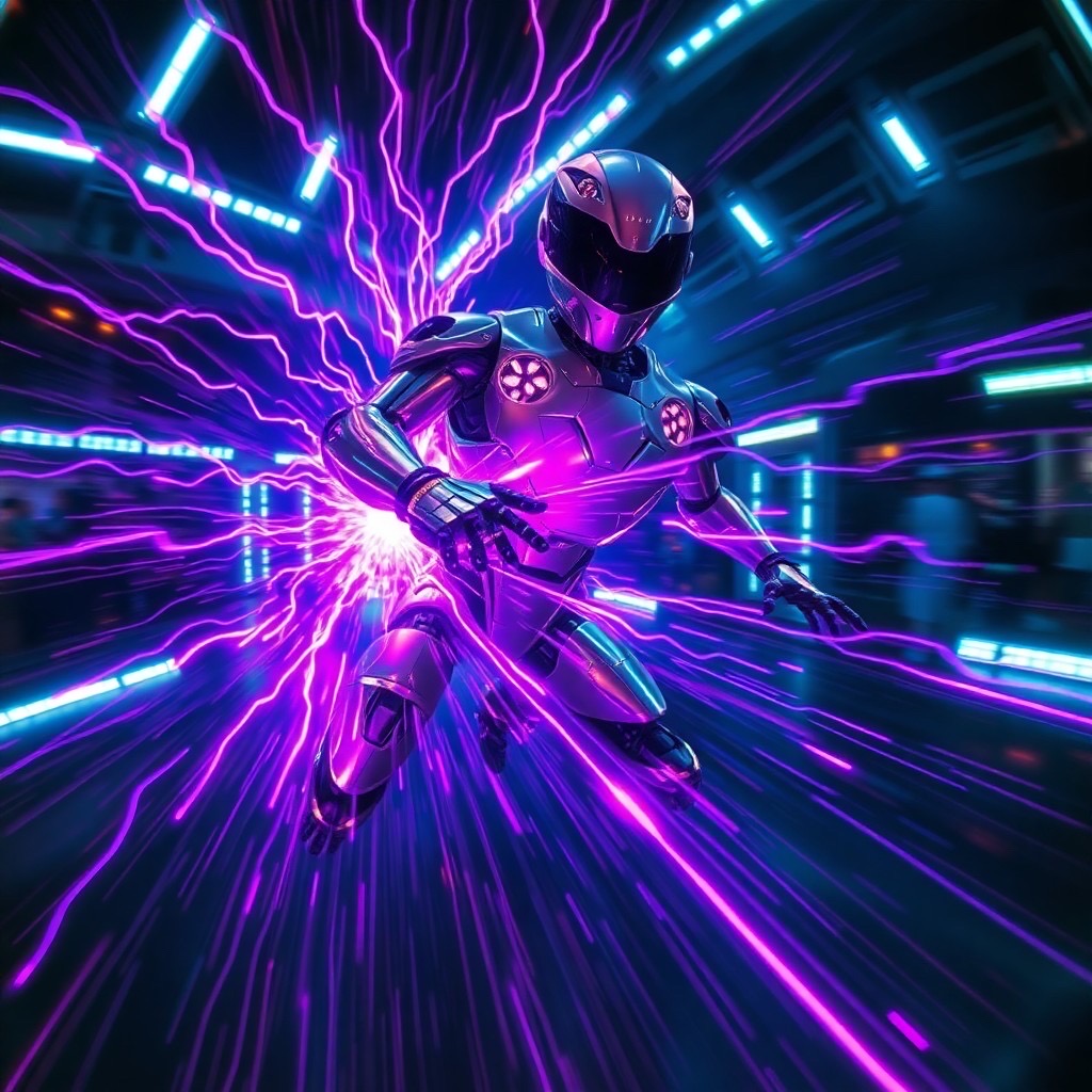 Prompt: a futuristic robot engaged in a bioluminescent combat frenzy: in an electrifying arena, moving rapidly with trails of vibrant electric purple light streaming behind. the robot's sleek body is silver, reflecting the surroundings, while its motions create a surreal spectacle. environment: dark with pulsing neon accents. camera shot: dynamic close-up, fisheye lens, capturing the intensity of the battle. style: raw and kinetic (bioluminescent trails:1.5), (speed and motion:1.4). - Seed: 971685627, Scale: 7.0, Steps: 40