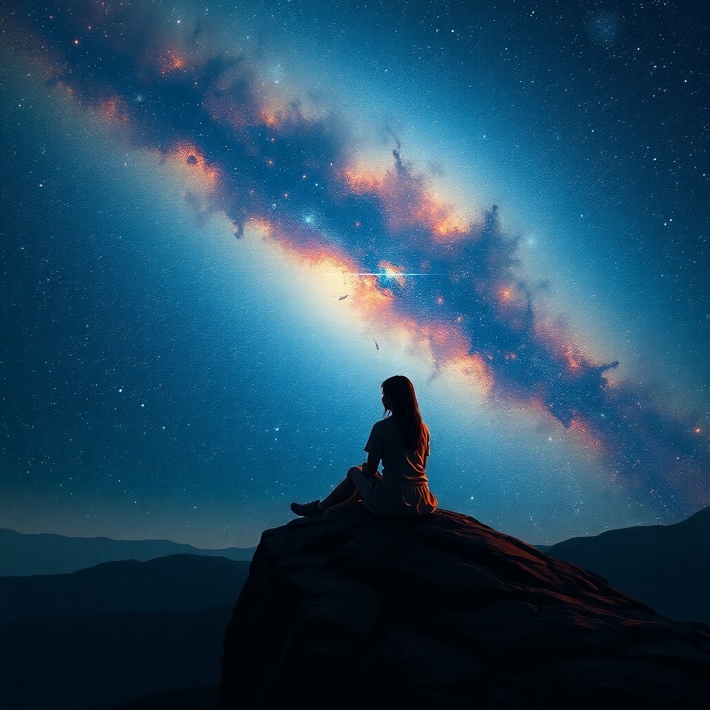 Prompt: a breathtaking digital artwork of a girl sitting on a cliff, staring at the starry night sky full of stars:1.3, beautiful and detailed galaxy:1.2, high res, realistic, cinematic lighting, centered:1.5, 8k wallpaper, concept art:1.5, art by jeremy mann and michael garmash. | negative prompt: blurry, low quality, pixelated, bad anatomy, extra limbs, ugly, cropped, bad proportions, bad face, disfigured. - Seed: 56235745, Scale: 6.51, Steps: 50