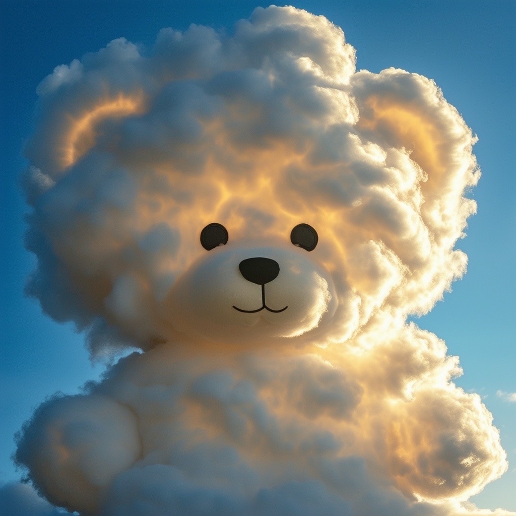 Prompt: a very big cloud in the sky shaped like a cute teddy bear, fluffy and whimsical, contrasting against a bright blue backdrop. the scene captures a sense of wonder and joy as sunlight filters through the cloud, creating a soft halo effect. camera shot: panoramic view with a high angle, using a 35mm lens. style: ethereal and playful, with light, airy conditions (cute teddy bear cloud:1.4), (whimsical:1.3), (bright blue sky:1.2). - Seed: 558243293, Scale: 7.0, Steps: 40