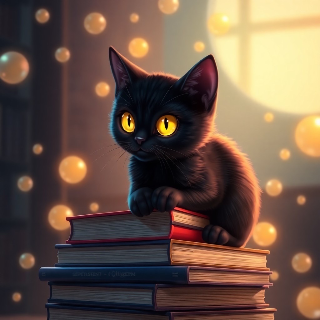 Prompt: a digital artwork of a black cat with bright yellow eyes:1.2, sitting on a stack of books, looking at the viewer, surrounded by magical glowing orbs:1.4, fantasy style, high res, cinematic lighting, composition by artgerm. | negative prompt: bad proportions, blurry, low quality, pixelated, bad anatomy, disfigured, cropped, poorly drawn face:1.3, ugly, extra limbs, extra heads, extra arms, extra legs, extra fingers, too many fingers, fused fingers, long neck, watermark, signature, text. - Seed: 444745963, Scale: 7.04, Steps: 50