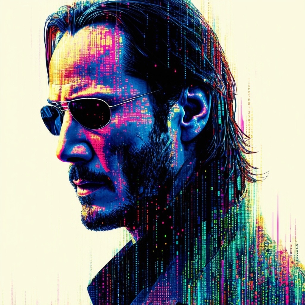 Prompt: Keanu Reeves as Neo from the Matrix movie visualized in the style of data visualization art, where the figure and atmosphere are created through abstract graphs, code-like lines, and clusters of numbers. The data points and patterns form a dark, cryptic aesthetic, with color gradients and scattered highlights adding an eerie, futuristic feel. - Seed: 99041841, Scale: 7.0, Steps: 40
