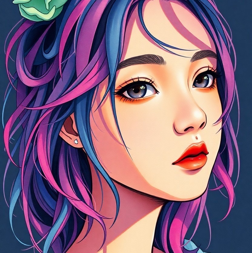 Prompt: 1girl, beautiful intricate colored hair, Anime portrait of young woman, hard shadows and strong rim light, watercolour, traditional material, art by juan giminez and atey ghailan and sachin teng, {{ flat color }} - Seed: 282988970, Scale: 9.87, Steps: 30