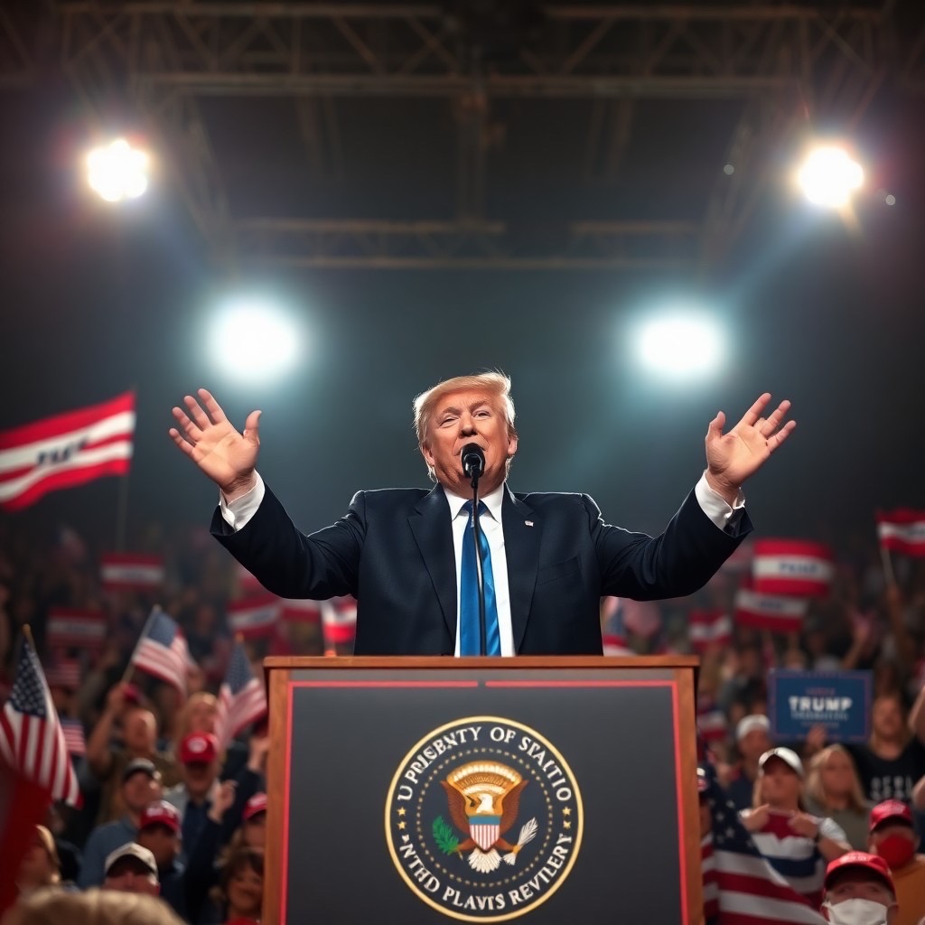 Prompt: a triumphant donald trump giving a speech at a large rally after winning the 2024 election: a festive outdoor environment with an enthusiastic crowd waving flags, bright spotlights illuminating the scene, and a presidential seal in the background. camera shot: medium close-up, 85mm lens, low angle to emphasize his stature. style: vibrant, charismatic, and patriotic (bright colors:1.5), (dramatic lighting:1.3), (energy of the crowd:1.4). - Seed: 226406011, Scale: 7.0, Steps: 40
