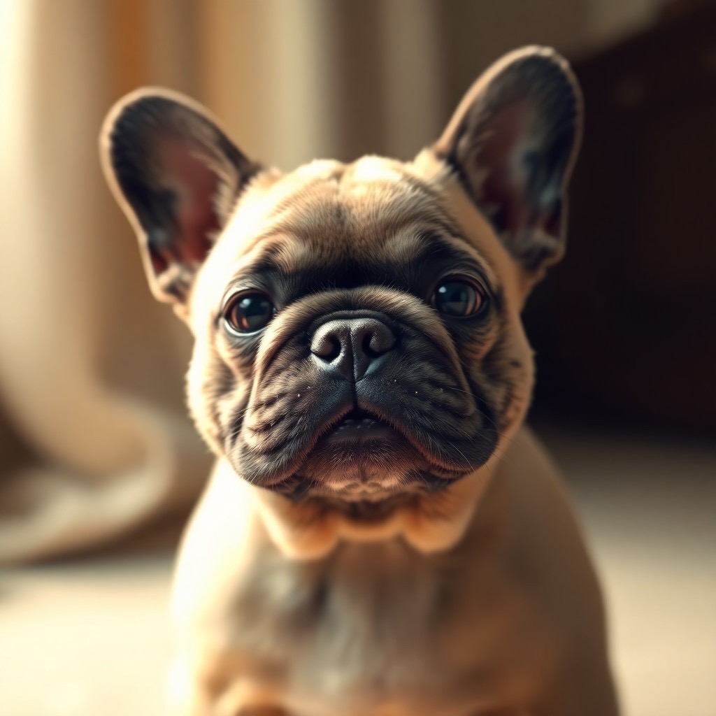 Prompt: Portrait of the cutest french bulldog ever, fluffy, photorealistic, soft lighting, unreal engine --ar 3:4 --uplight --stop 80 - Seed: 226077903, Scale: 9.87, Steps: 30
