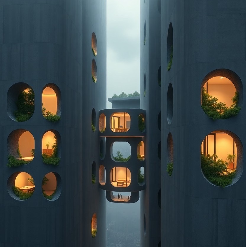 Prompt: Realistic architectural rendering of a capsule multiple house within concrete giant blocks with moss and tall rounded windows with lights in the interior, human scales, fog like london, in the middle of a contemporary city of Tokyo, stylish, generative design, nest, spiderweb structure, silkworm thread patterns, realistic, Designed based on Kengo Kuma, Sou Fujimoto, cinematic, unreal engine, 8K, HD, volume twilight ?ar 9:54 - Seed: 900144766, Scale: 9.87, Steps: 30