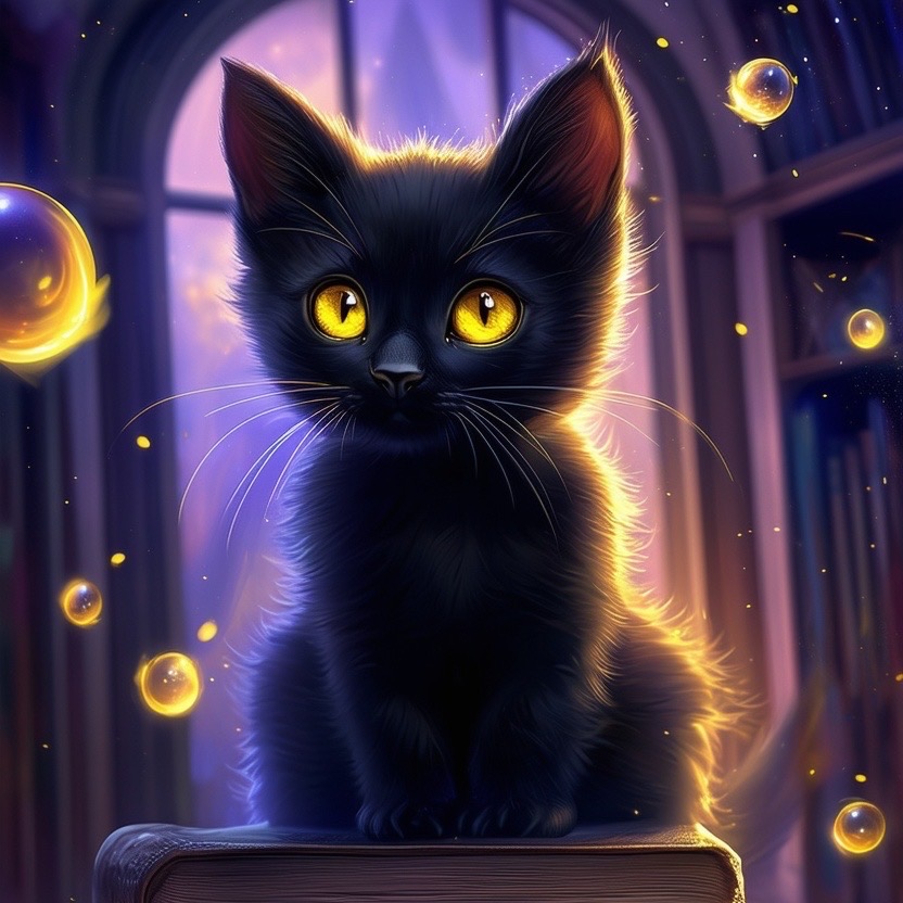 Prompt: a digital artwork of a black cat with bright yellow eyes:1.2, sitting on a stack of books, looking at the viewer, surrounded by magical glowing orbs:1.4, fantasy style, high res, cinematic lighting, composition by artgerm. | negative prompt: bad proportions, blurry, low quality, pixelated, bad anatomy, disfigured, cropped, poorly drawn face:1.3, ugly, extra limbs, extra heads, extra arms, extra legs, extra fingers, too many fingers, fused fingers, long neck, watermark, signature, text. - Seed: 444745963, Scale: 7.04, Steps: 50