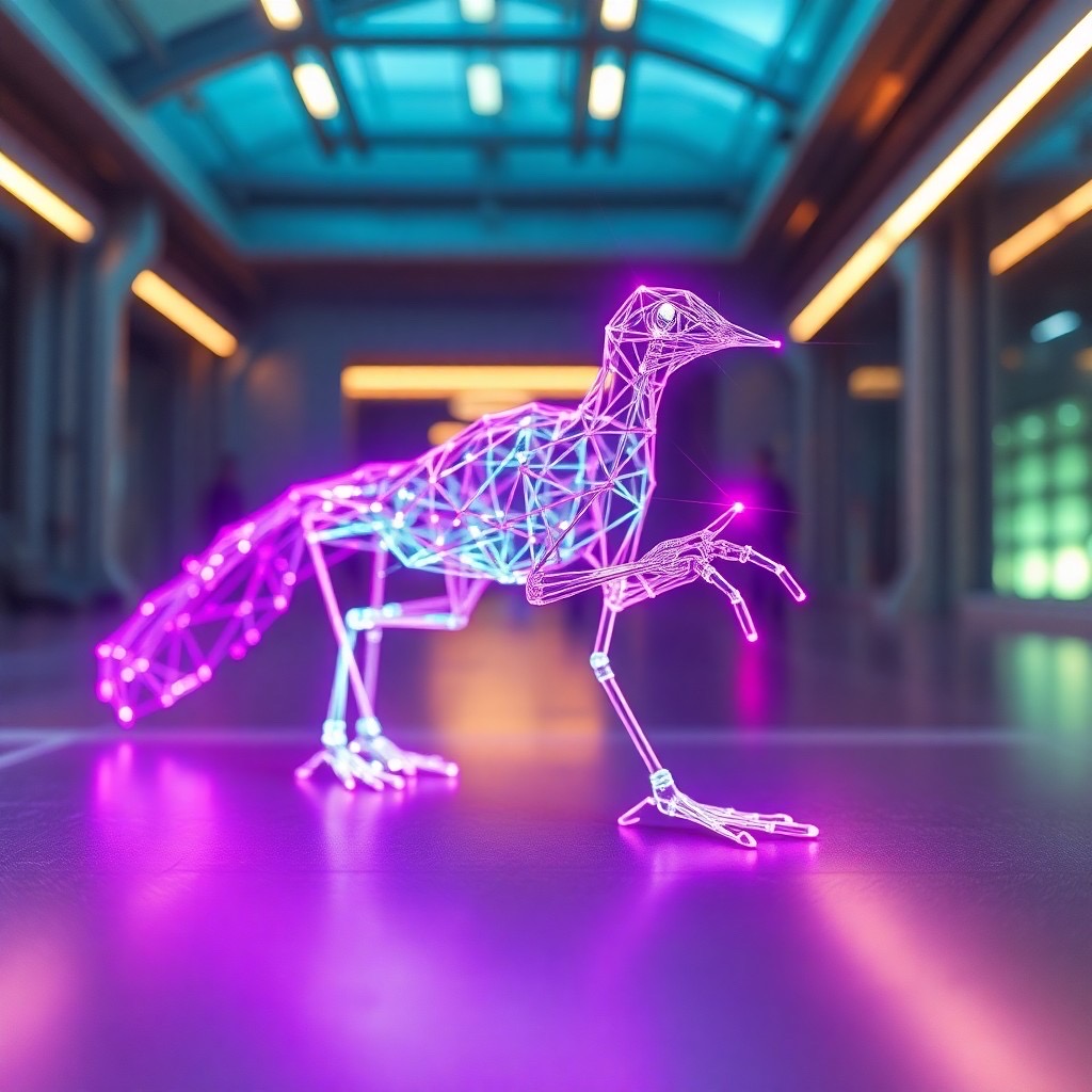 Prompt: a holographic wire framework interpretation of a road runner, where transparent surfaces are defined by luminous boundaries. the framework edges pulse with magenta (magenta:1.3), while vertex points shimmer with lavender (lavender:1.2), creating a ghostly dimensional construct. environment: futuristic indoor space with soft ambient lighting. camera shot: close-up, using a 50mm lens at a low angle. style: raw, emphasizing luminous and ethereal qualities. - Seed: 580147592, Scale: 7.0, Steps: 40