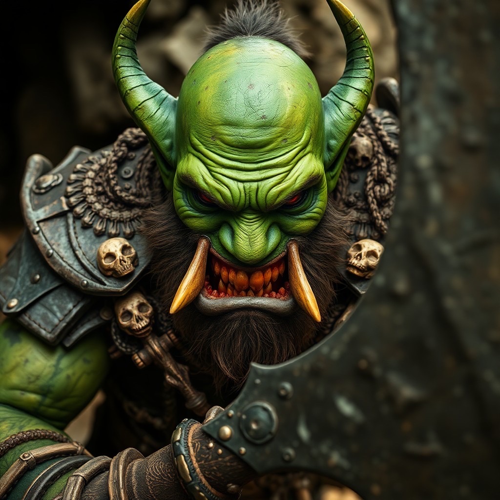 Prompt: a fearsome orc chieftain with green skin and sharp tusks, wearing heavy, battered armor adorned with skull decorations. he grips a massive axe, looking defiantly at the camera with a menacing snarl. the environment is rugged and outdoor, with harsh lighting emphasizing his scars and battle-worn features, creating a gritty atmosphere. camera shot: close-up, lens: 50mm, view: eye level. style: surreal and vibrant (harsh lighting:1.3), (intricate details:1.2). - Seed: 850607561, Scale: 7.0, Steps: 40