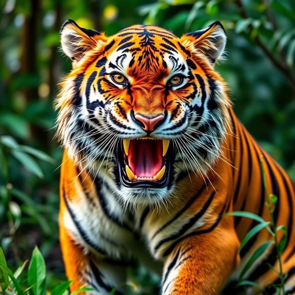 Prompt: a roaring tiger with an intense gaze, looking directly at the viewer, embodies power and majesty. the scene captures the tiger in a dynamic pose amidst its natural habitat, showcasing vibrant colors that reflect the lush surroundings. its detailed fur is rendered in high resolution, displaying each striking stripe and texture meticulously. captured in both 4k and 8k resolution, this realistic artwork highlights the fierce beauty of the tiger with sharp focus, evoking a sense of wildness and untamed spirit in an immersive experience. - Seed: 105049551, Scale: 7.0, Steps: 40