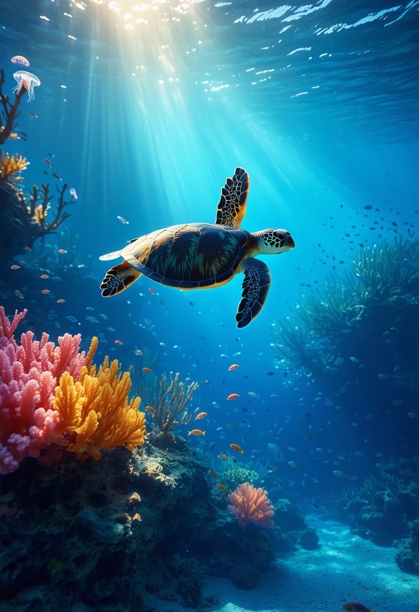 Prompt: serene underwater world: a luminous aquatic utopia emerges, where a (vibrant:1.2) coral reef forms intricate patterns beneath a crystal-clear sea. sunlight filters through the water, creating a dance of (kaleidoscopic:1.4) colors across the ocean floor. glinting fish shoals swim in rhythmic harmony, their scales flashing iridescent hues. majestic sea turtles glide gracefully amidst (ethereal:1.3) currents, while delicate jellyfish float, their translucent bodies pulsing with a mystical (radiance:1.5). the seabed is an enchanting tapestry of coral gardens, with starfish and anemones swaying to the rhythm of the ocean. gentle rays of light pierce through the water, accentuating the (gossamer:1.3) quality of this submerged sanctuary. bubbles rise in languid streams, reflecting the tranquil ambiance. style: (dreamlike:1.4), (whimsical:1.3), inspired by artists like zaria forman and jason decaires taylor. camera: a macro lens (50mm) captures the microcosm of marine life, offering a close-up view of the vivid details and textures. lighting: (soft light:1.3) suffuses the scene, casting gentle shadows and transforming the underwater realm into a peaceful haven. the atmosphere resonates with the (mystical:1.2) beauty of nature's aquatic palette, a serene escape from the world's chaos. - Seed: 415596699, Scale: 7.0, Steps: 40